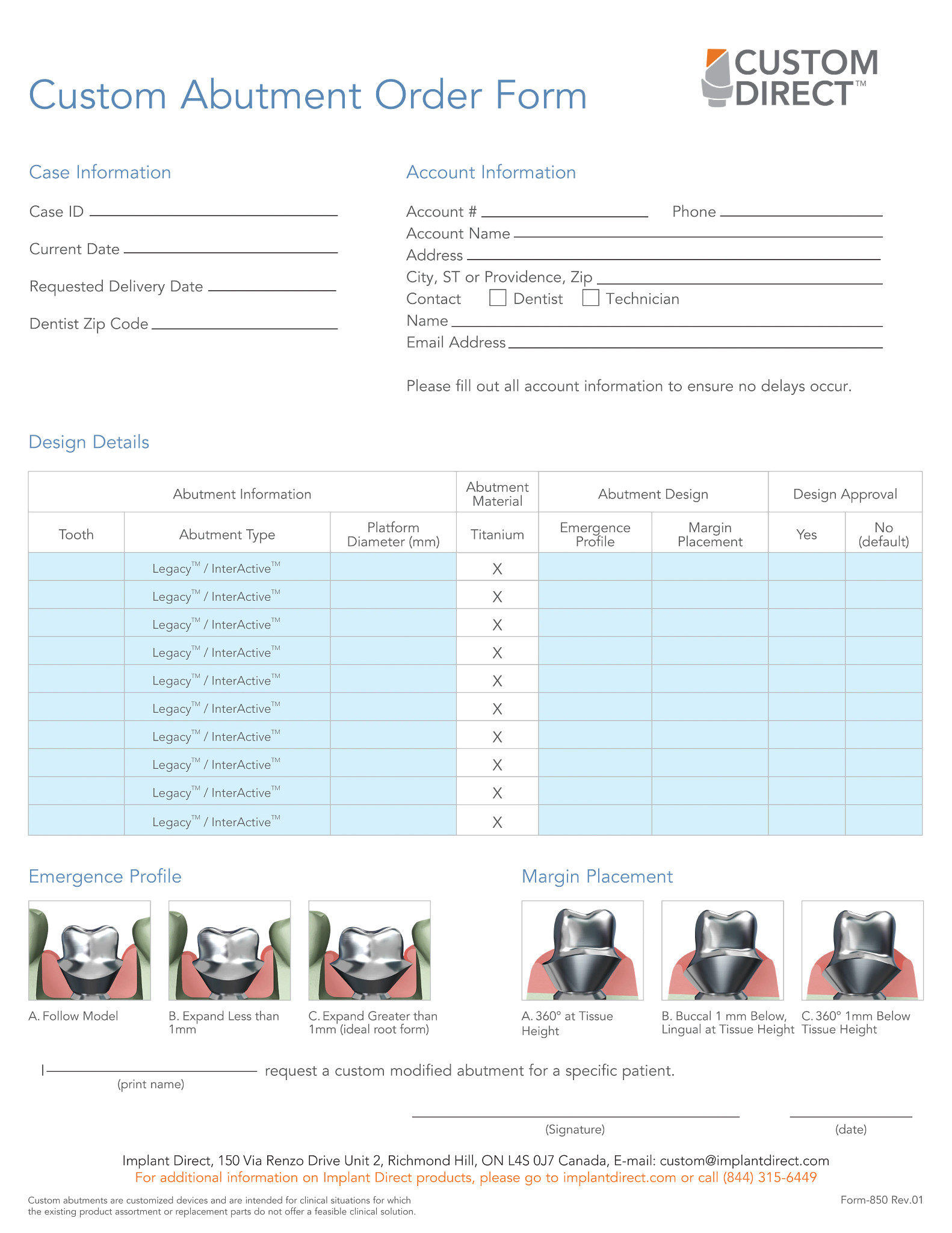 Form-850-CAN Rev01 Custom Abutment Order Form